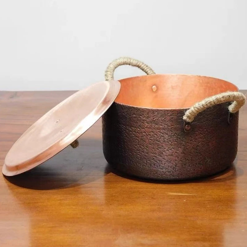 Vintage Copper Pot,Handcrafted Hot Pot Food Cooking Utensil for Boiling,Simmering and Pasta Stewing,With lid 18 cm Handheld Pots