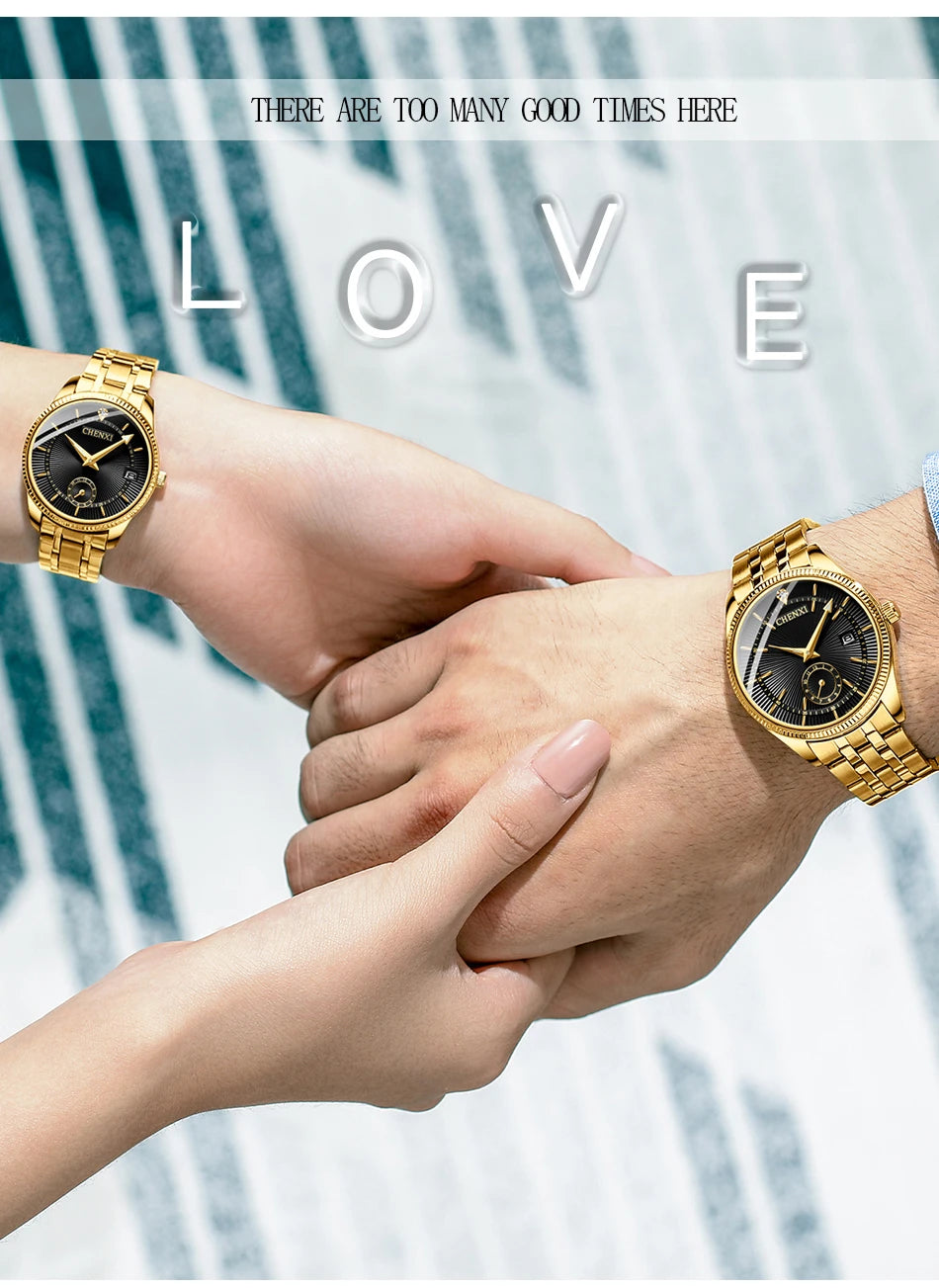 CHENXI Luxury Brand Casual Couple Watch Golden Stainless Steel Quartz Watch for Men's and Women's Waterproof Luminous Wristwatch
