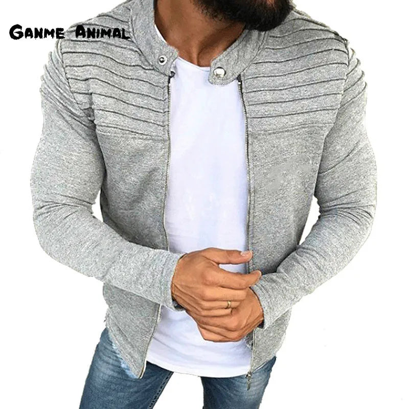 Autumn Sports Casual Men Jacket Men's Pleats Slim Stripe Fit Jacket Zipper Long Sleeve Coat Cardigan Coat