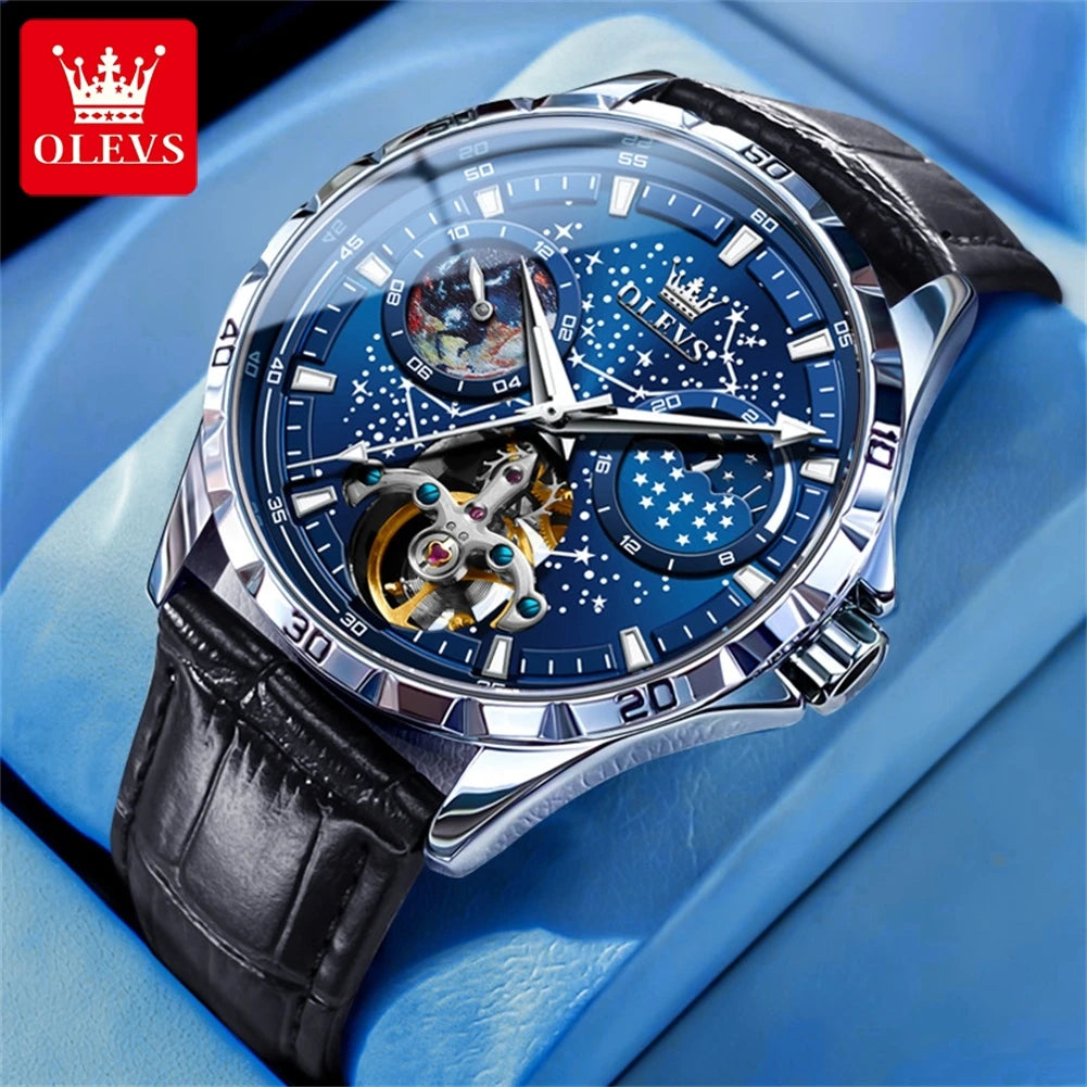 OLEVS Flywheel Skeleton Automatic Watch for Men Luminous Starry Sky Waterproof Business Wristwatch Mechanical Watch