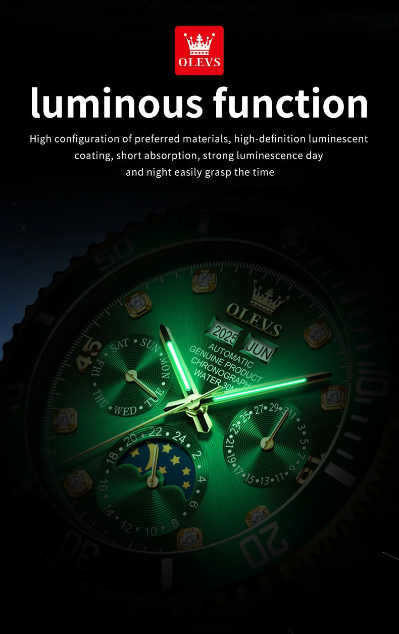 OLEVS 6729 Automatic Watch Man 24 Hour Moon Phase Mechanical Watch For Men Luxury 30M Waterproof Luminous Date Men's Wristwatch