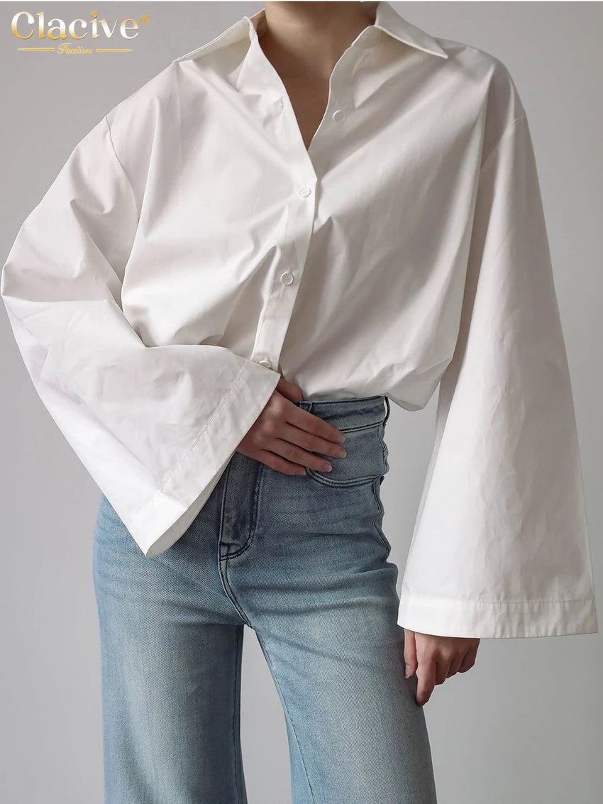 Clacive Fashion Loose White Cotton Women's Blouse 2025 Casual Lapel Long Sleeve Shirt Elegant Classic Solid Top Female Clothing