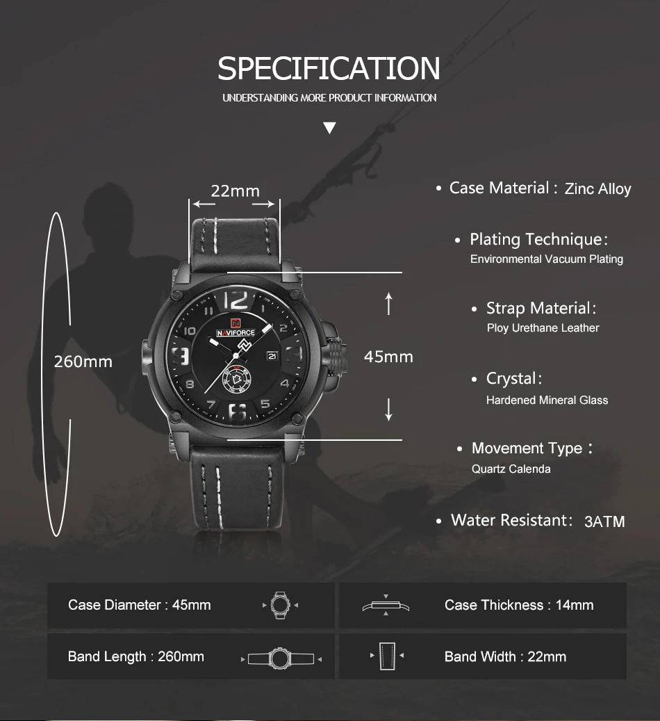 NAVIFORCE Luxury Brand Men Sports Military Quartz Watch for Man Analog Date Clock Leather Strap Wristwatch Relogio Free Shiping