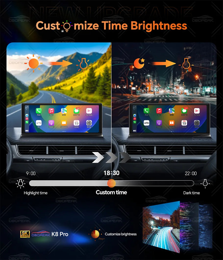 OBDPEAK K8 Pro Front 5K Rear 1080P Dash Cam Camera 11.3" Touch Ai Screen Carplay & Android Auto GPS Navigation Night Vision DVR