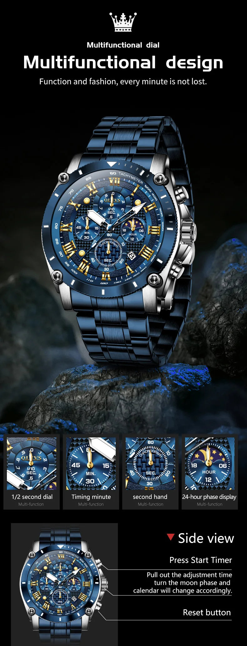 OLEVS New Man Watch Moon Phase Chronograph Waterproof Luminous Multi-functional Original Luxury Brand Quartz Men's Watches 3689