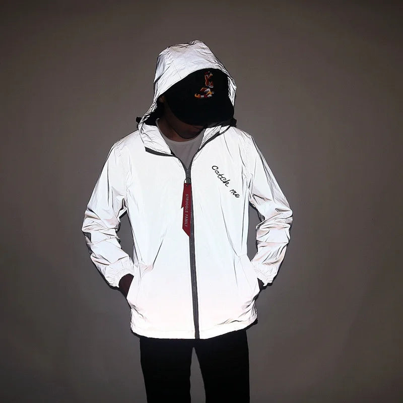 Men's Full Reflective Jacket Casual Women Windbreaker Hip Hop Hooded Coat Waterproof Printed Streetwear Night Shiny Jackets 5XL