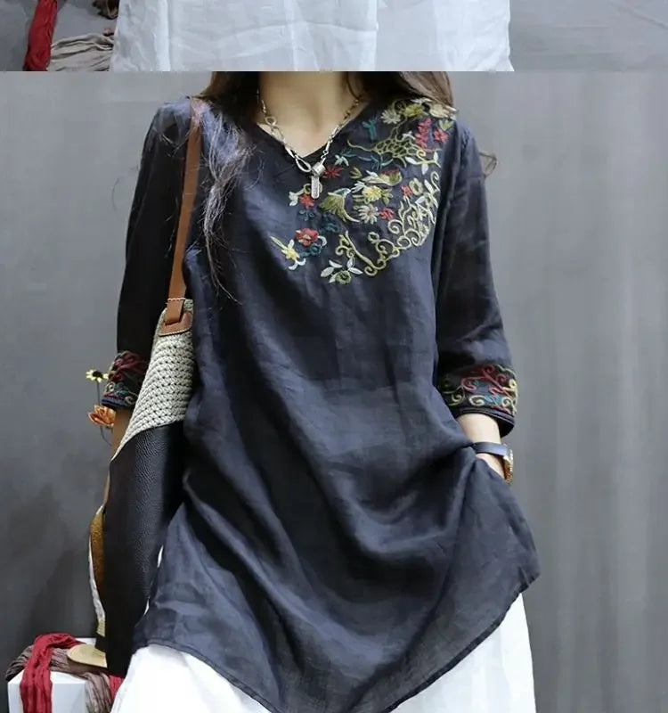 Cotton and Linen Women Clothing 2025 Summer New Print Retro Embroidery Loose Slim and Fashionable Shirt
