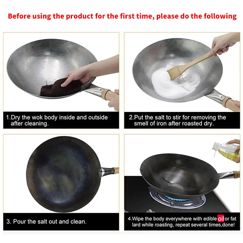 Iron Pot Household Frying Pan Traditional Hand Forged Without Coating Wooden Handle Old-style Non-iron Pot (30cm)