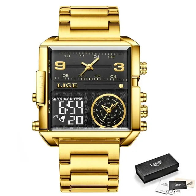 LIGE Luxury Original Men Sports Wrist Watch Gold Quartz Steel Waterproof Dual Display Clock Watches For Men Relogio Masculino