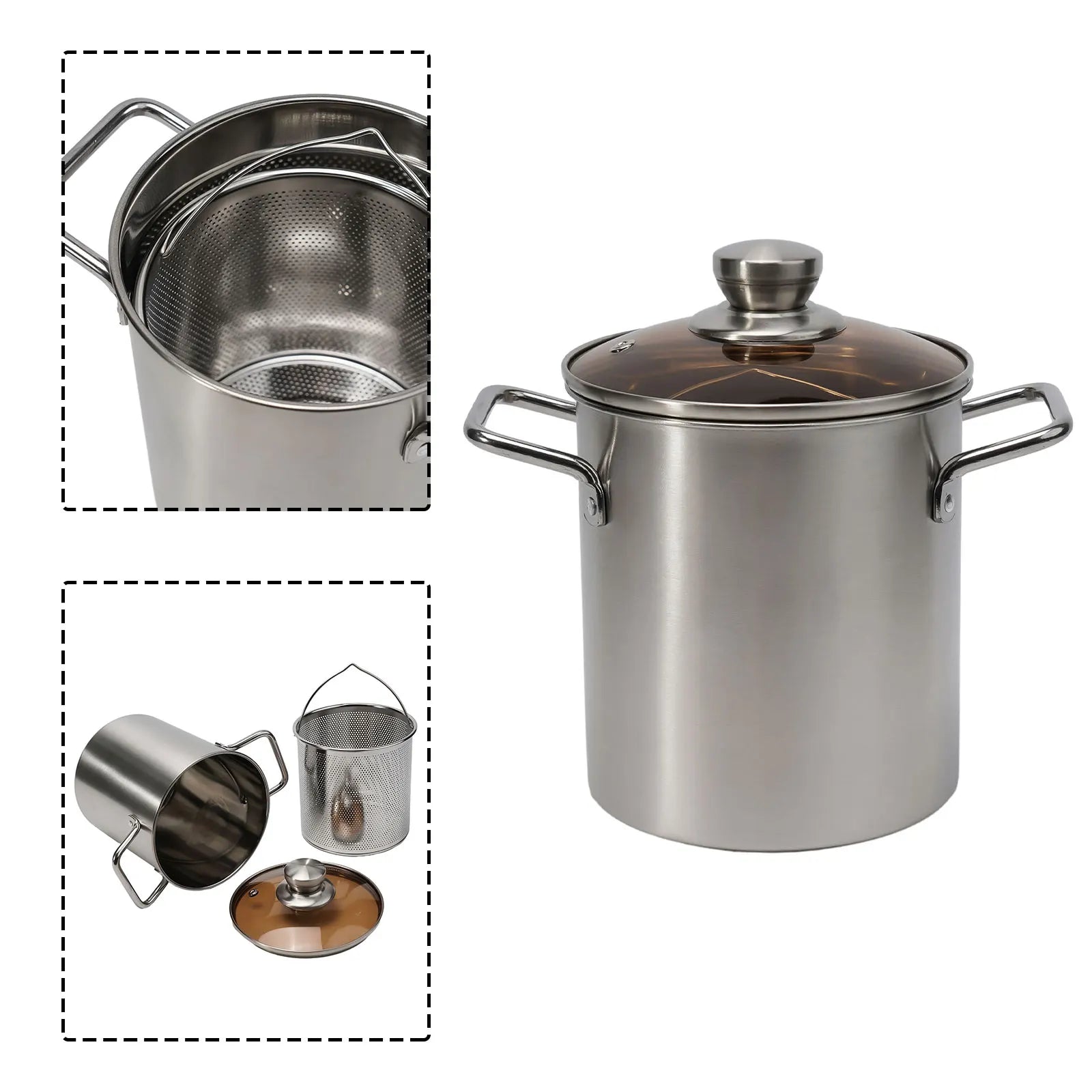 1Pc Silver Stainless Steel Frying Pot With Basket Multipurpose Deep Frying Pot Milk Pot Soup Pot Kitchen Supplies Cooker