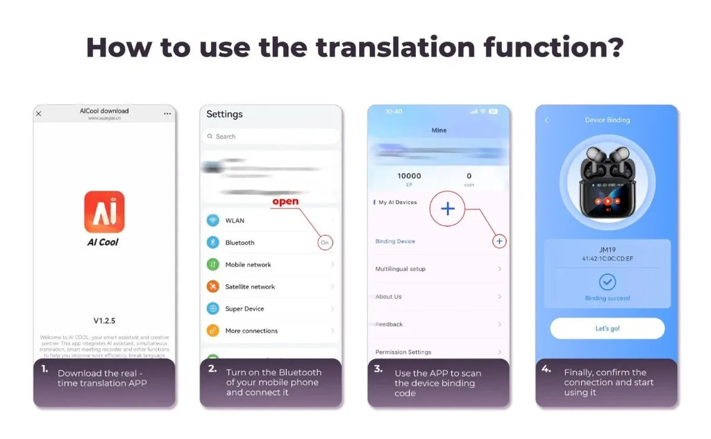 Real Time Translators Headphones with Touch Screen 144 Languages Translation Bluetooth 5.4 Earbuds Noise Cancelling Headset