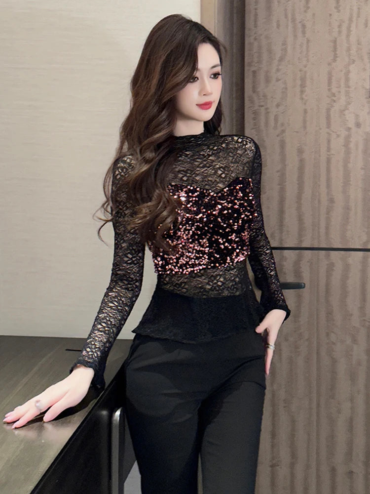 Women's Clothing Chic Black Lace Sexy T-Shirt Ladies Elegant Perspective Short Blouses Sequin Tops Bottom Pullover Jumper Party