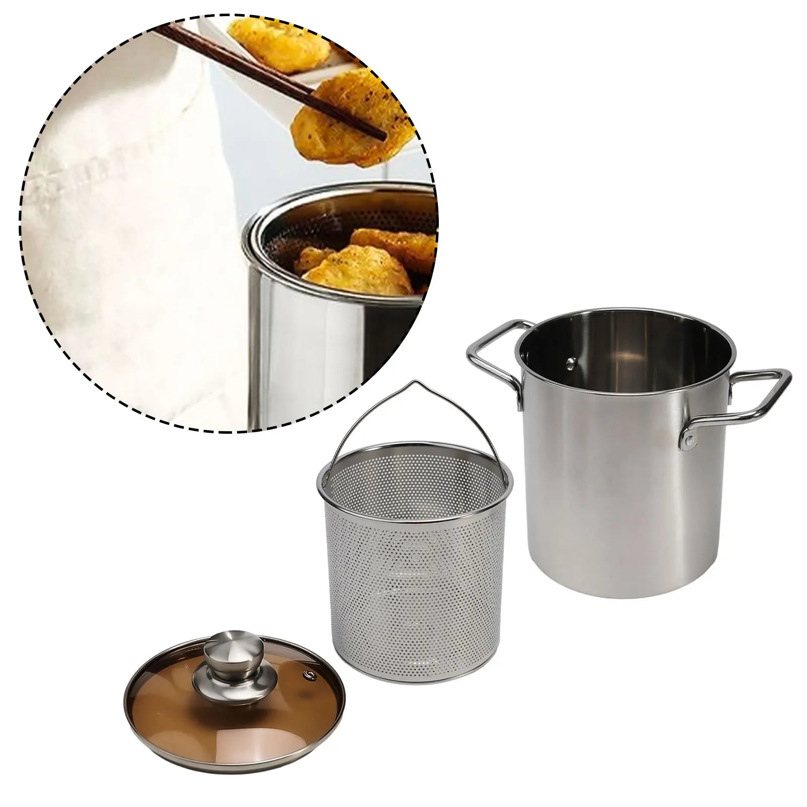 1Pc Silver Stainless Steel Frying Pot With Basket Multipurpose Deep Frying Pot Milk Pot Soup Pot Kitchen Supplies Cooker