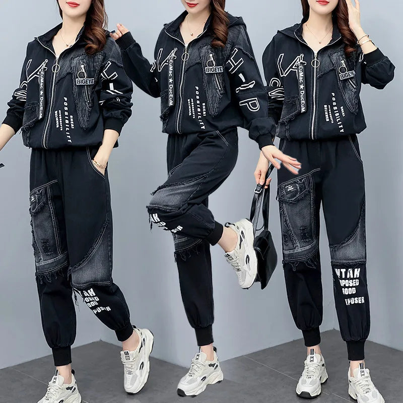 Clothing Suits 2025 Spring autumn Punk Outfits Womens Two Pieces Sets British Loose Casual Hooded Jackets Denim Pants