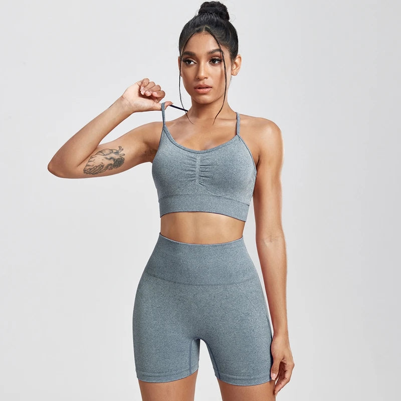 Solid Women Two Piece Sets Peach Buttocks Shorts Female Trackuists Gym Set Halter Fitness Shorts Push Up Bra Summer