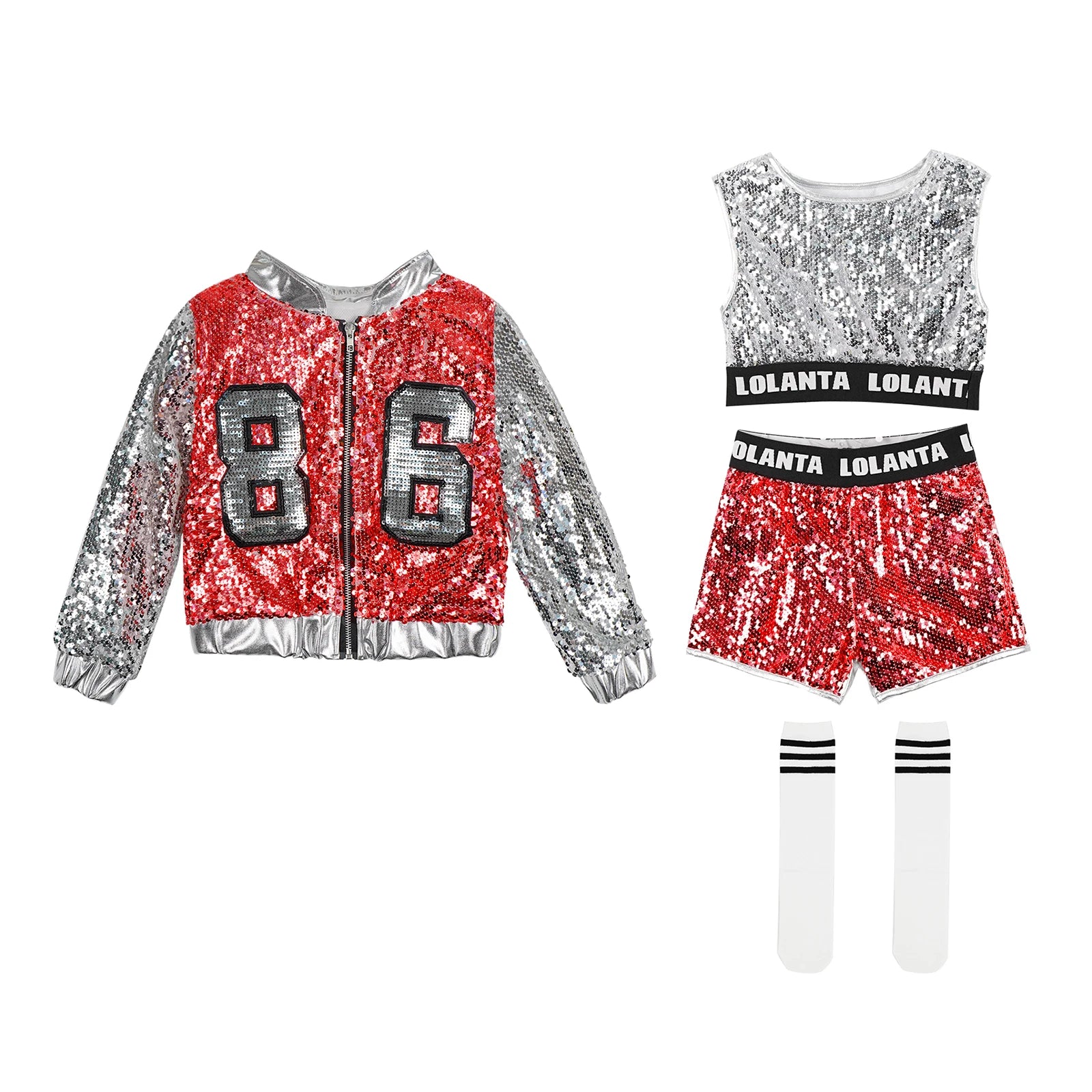 LOlanta 4-14 Years Girls Pink Sequin Crop Tops Shorts Jacket Dancewear Costume Hip Hop Modern Jazz Dance Stage Performance Wear