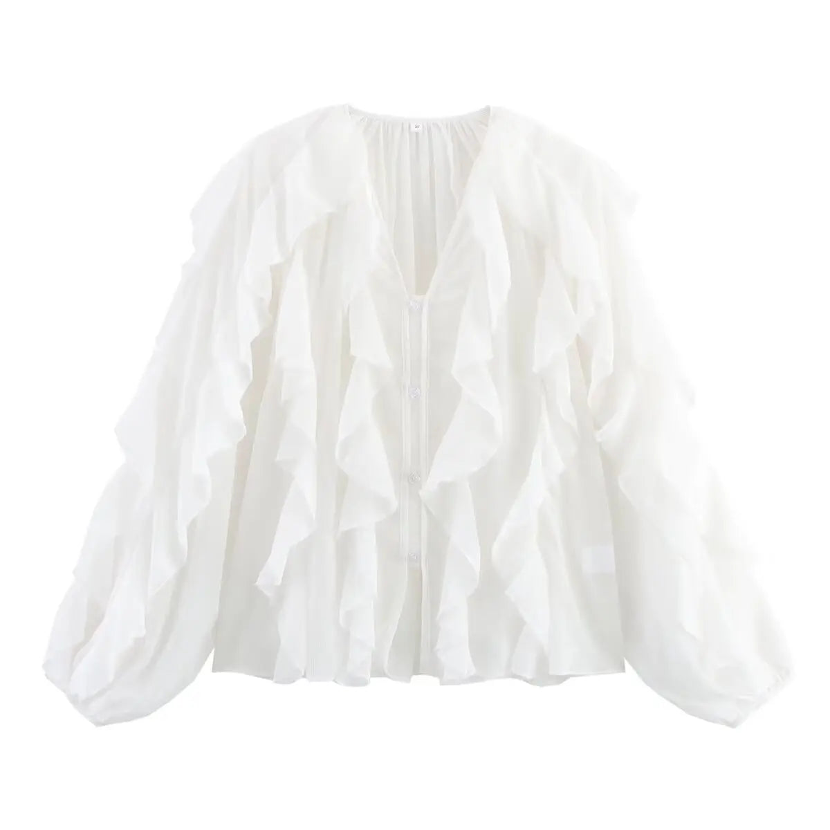 Women's clothing 2025 European new fashion design and ruffled layered decorative V-neck shirt