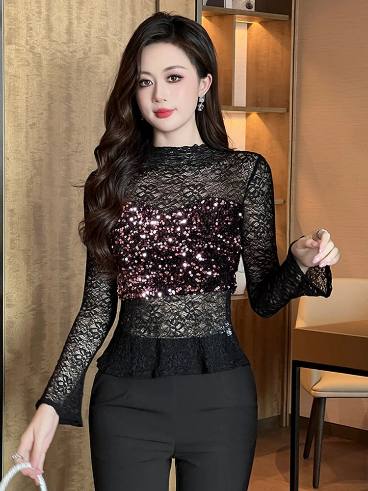 Women's Clothing Chic Black Lace Sexy T-Shirt Ladies Elegant Perspective Short Blouses Sequin Tops Bottom Pullover Jumper Party