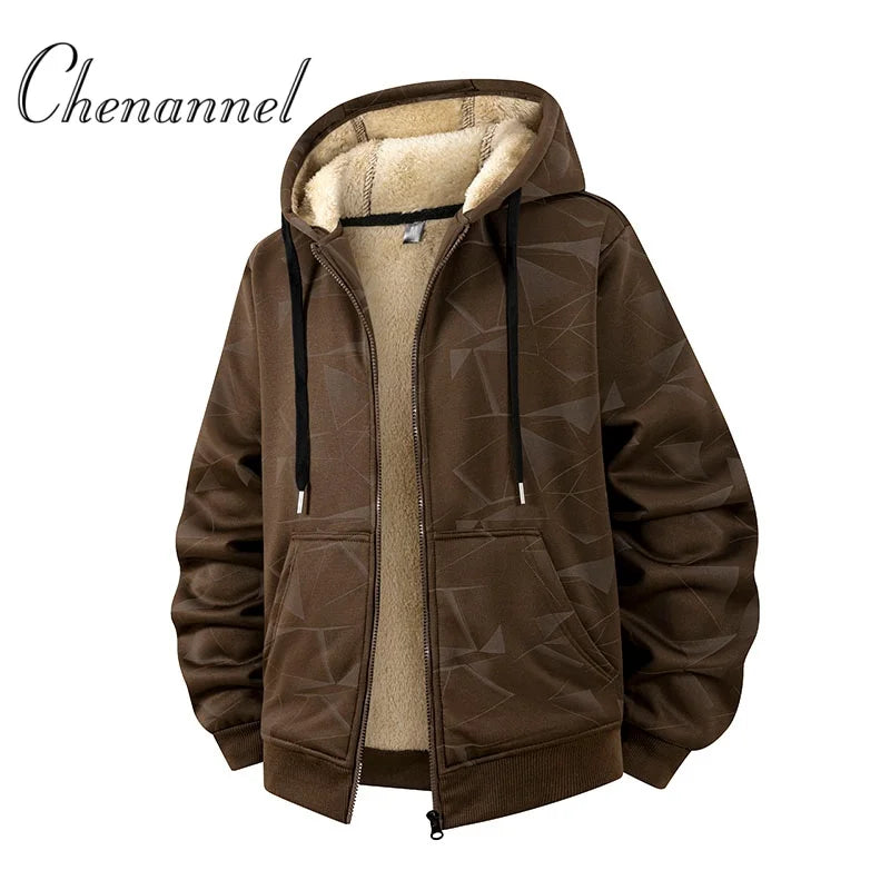Autumn and Winter New Lamb Fleece Coat Men's Trendy  Print with Thick Fleece Hoodie Jacket Hoodie