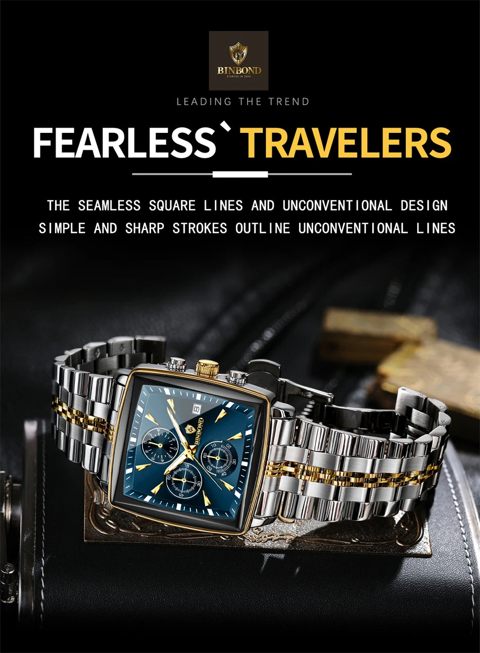 BINBOND Luxury Square Sport Man Wristwatch Waterproof Luminous Chronograph Quartz Men's Watches Stainless Steel Men Watch Reloj