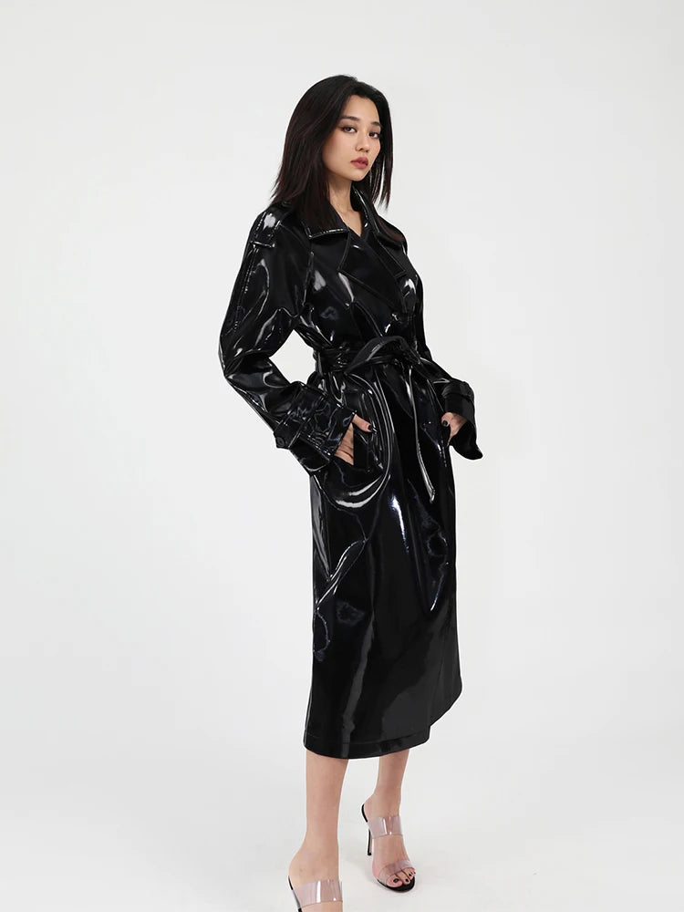 Lautaro Spring Autumn Long Shiny Reflective Patent Leather Trench Coat for Women Sashes Luxury Designer Runway European Fashion