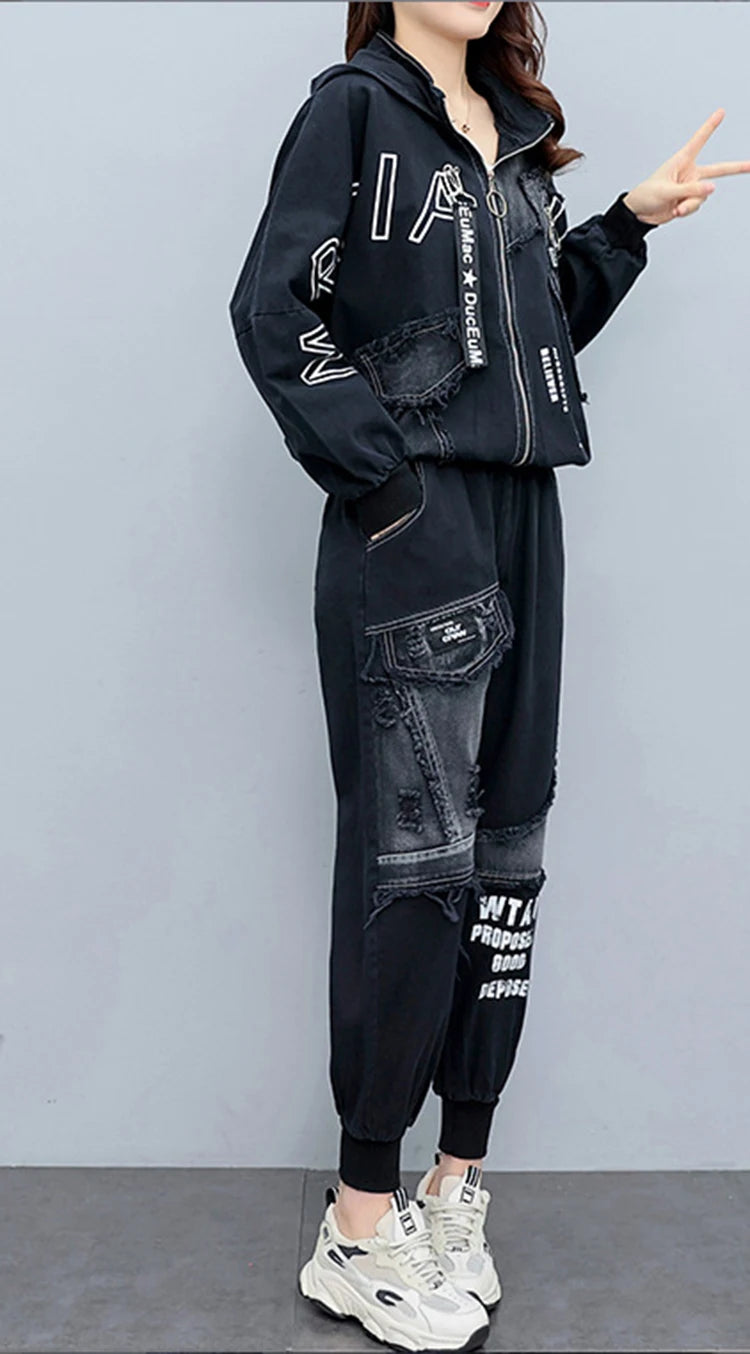 Clothing Suits 2025 Spring autumn Punk Outfits Womens Two Pieces Sets British Loose Casual Hooded Jackets Denim Pants