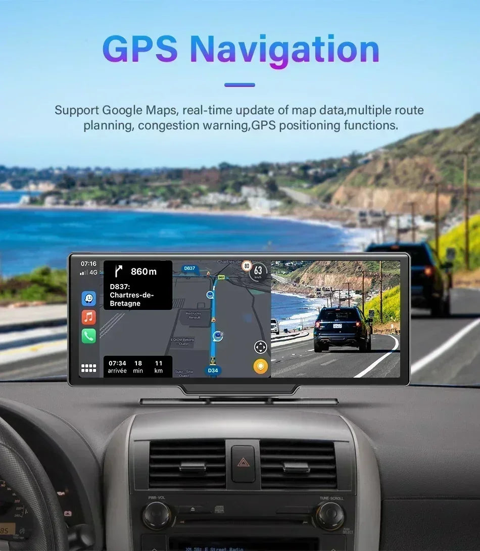 Srnubi 10.26" Dash Cam Rearview Carplay Android Auto 4K DVR Navigation Player Dual Len Recorder Dashboard WIFI BT