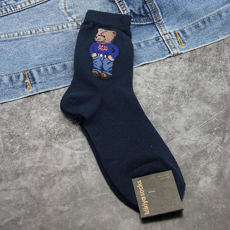 Cartoon Gentleman Bear Socks Red Socks for Men Cotton Harajuku Skateboard Socks Novelty Breathable Sox Christmas Gift