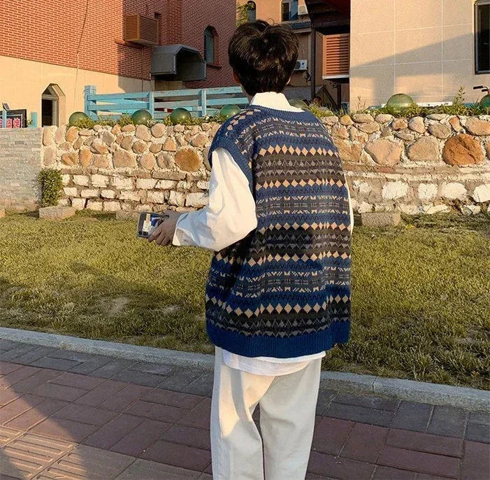 Men's Clothing Plaid Sleeveless Blue Knit Sweater Male Graphic Waistcoat Vest Casual Korean Style Baggy Fashion Stylish Hot A