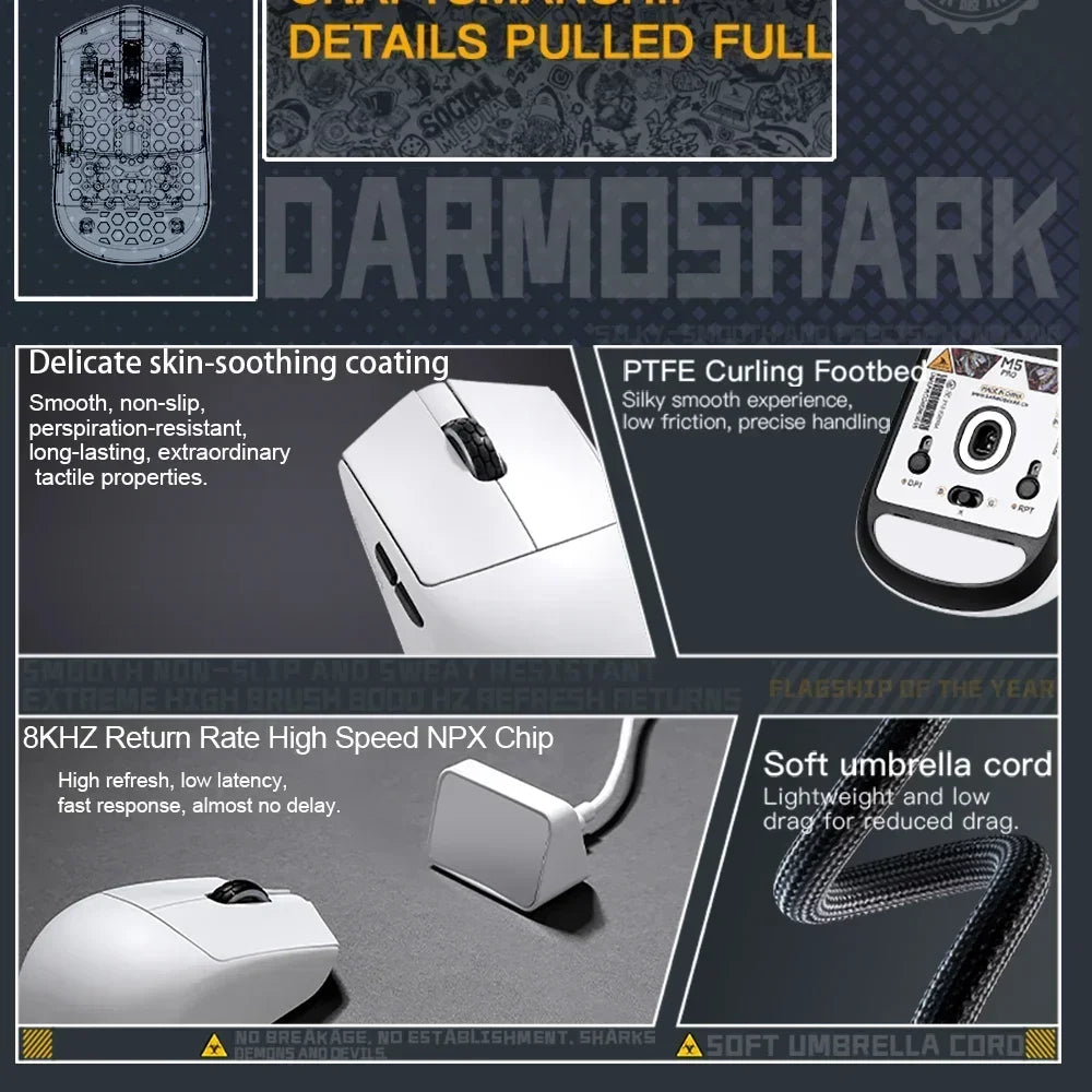 Darmoshark  M5 Pro Wireless Mouse PAW3950 8K Bluetooth Tri-Mode Connection Gaming Macro Mouse 30000DPI N52840 38g Lightweight