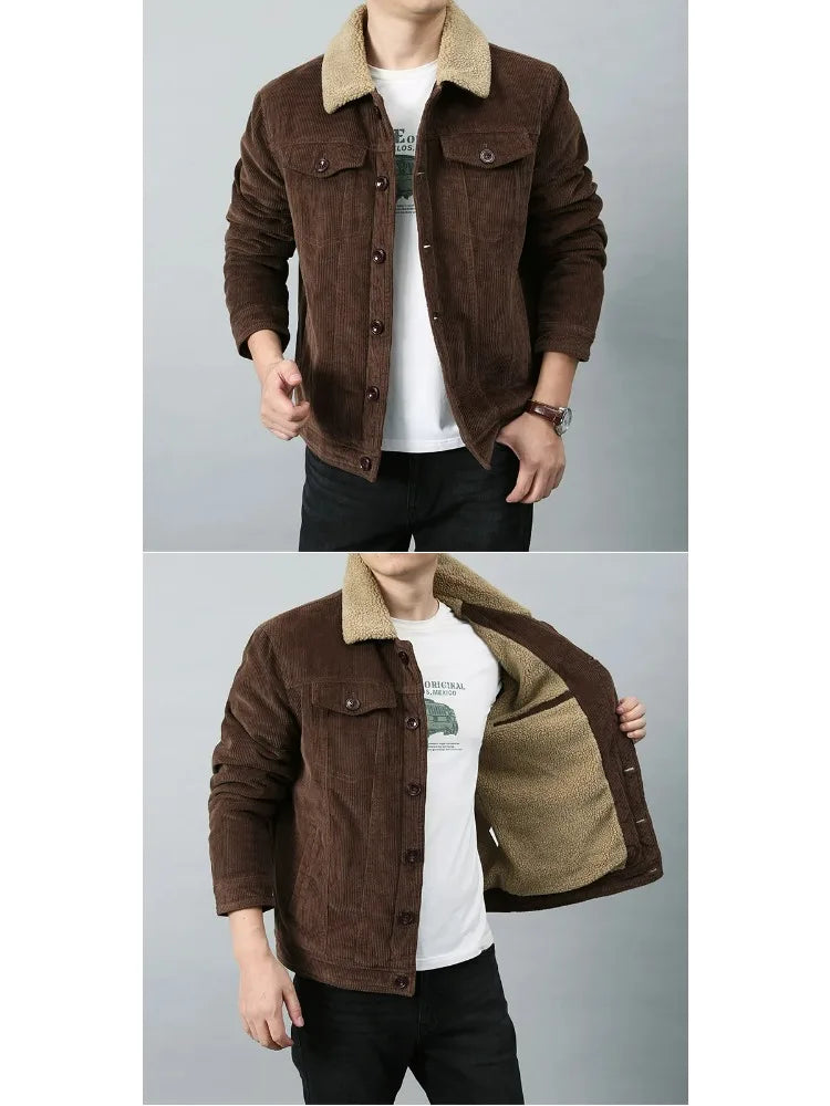 Male Cotton Jackets Padded Warm Loose Parka Coat Corduroy Short Jacket Man Solid Fur Collar Windbreaker Winter Men Fleece Jacket