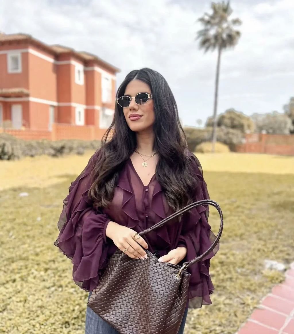 Women's clothing 2025 European new fashion design and ruffled layered decorative V-neck shirt