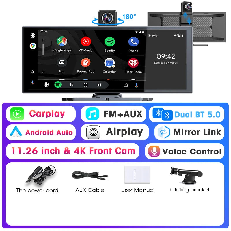 Srnubi Universal 11.26” Car DVR Wireless Carplay Android Auto 4K Front 1080P Rear Camera Dashcam GPS Navi Dashboard 24H Parking