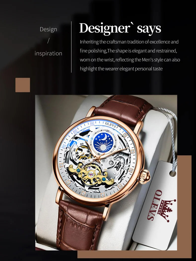 OLEVS Moon Phase Mechanical Watch Men with Waterproof Automatic Skeleton Mens Watches Top Brand Luxury Tourbillon Wristwatch Men