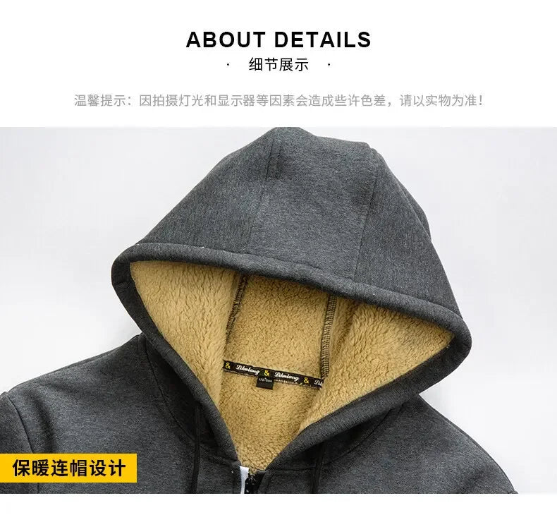 Men's Winter Warm Hoodies Sweatshirts Thickened Lamb Fleece Lining Hooded Jackets Windproof Zip Casual Hooded Sportwear for Men