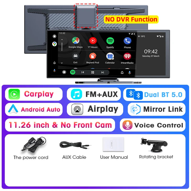 Srnubi Universal 11.26” Car DVR Wireless Carplay Android Auto 4K Front 1080P Rear Camera Dashcam GPS Navi Dashboard 24H Parking