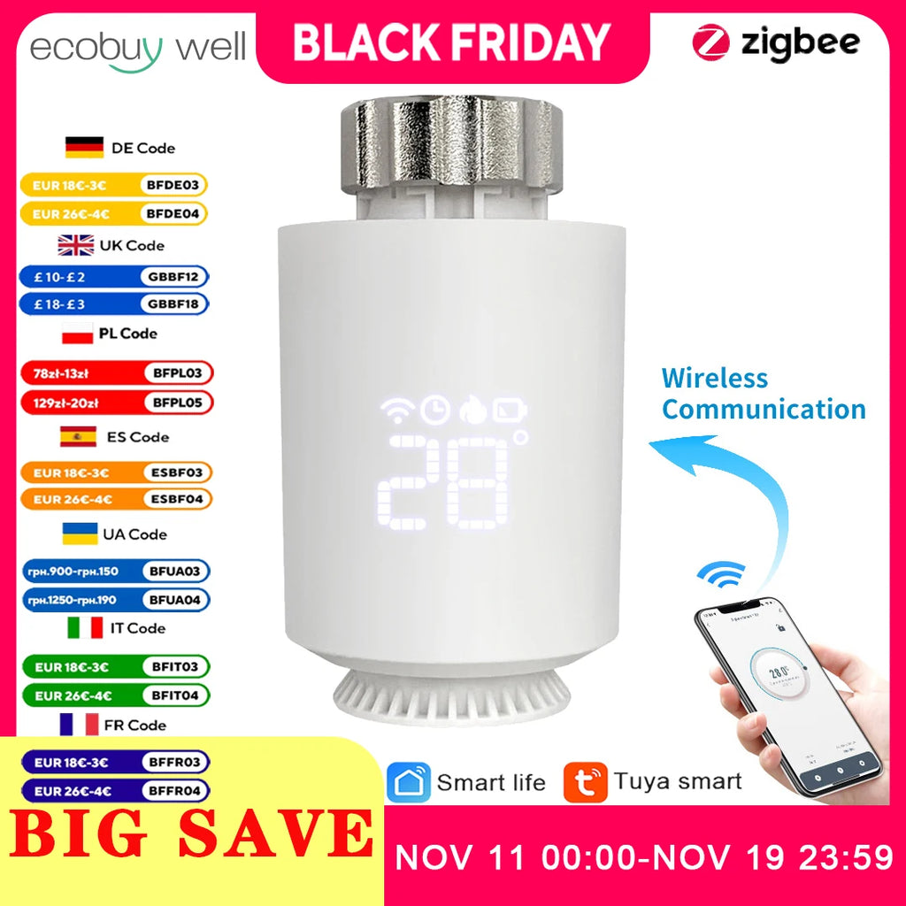 Tuya Zigbee 3.0 Thermostatic Valve Radiator Actuator Valve Zigbee Thermostatic Radiator Valve Head Temperature Controller Alexa