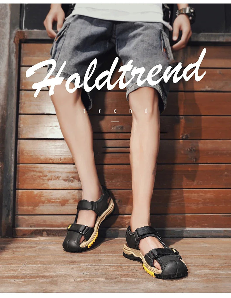 Summer Breathable Genuine Leather Men Sandals Waterproof Non-Slip Large Size flip flops Beach shose For Outdoor Anti-Collision