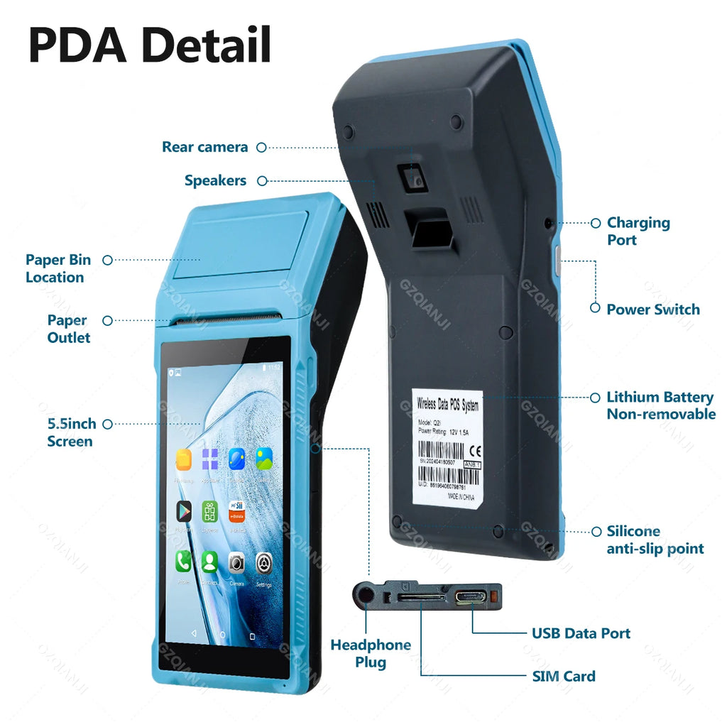 4G 3G Android 12/8.1 PDA POS System & 58mm Thermal Printer Bluetooth WiFi Handheld POS Terminal 5.5'' Touch Screen Loyverse app