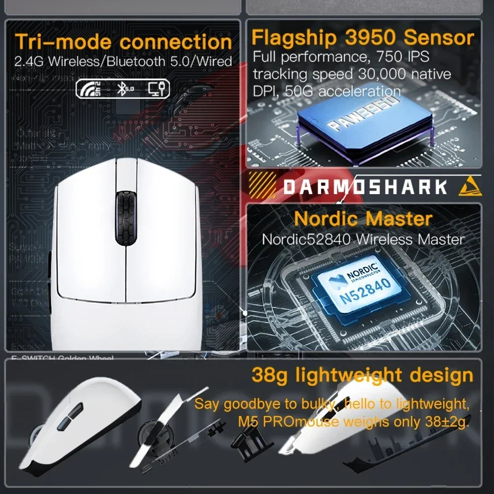 Darmoshark  M5 Pro Wireless Mouse PAW3950 8K Bluetooth Tri-Mode Connection Gaming Macro Mouse 30000DPI N52840 38g Lightweight