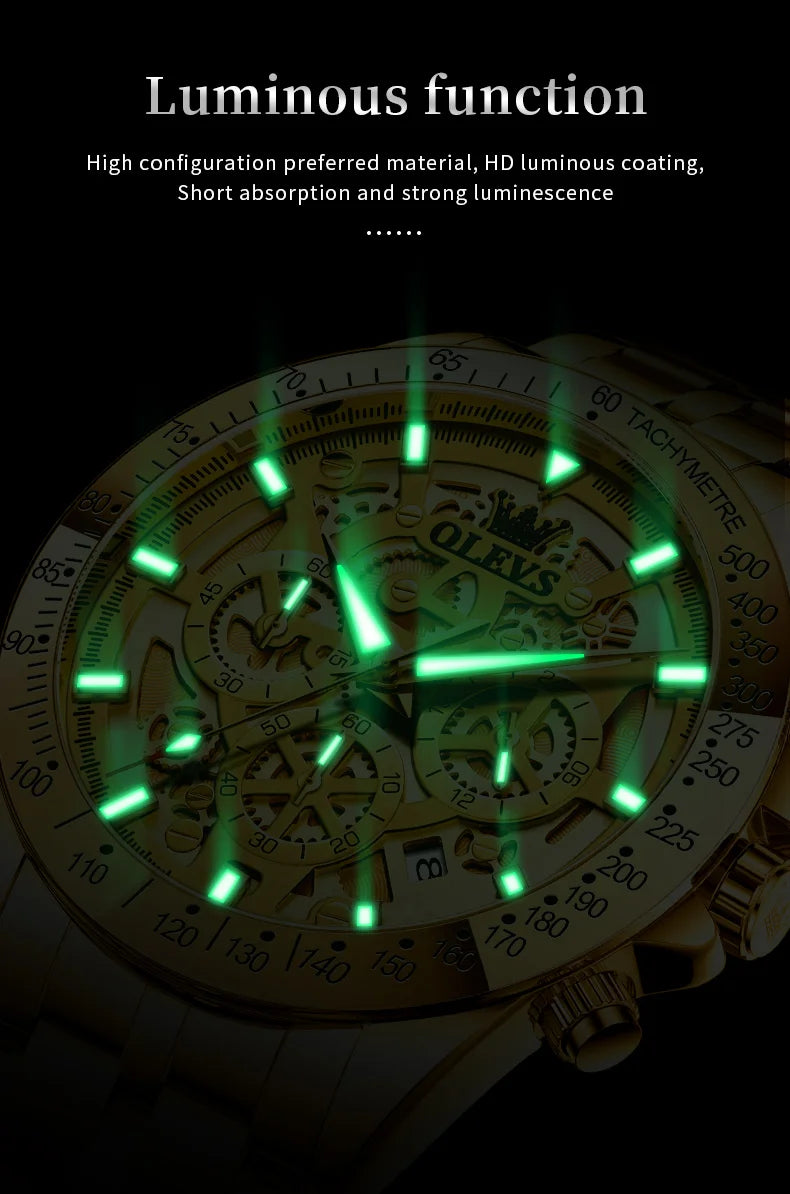 OLEVS Men's Watches Gold Luxury Hollow Out Style Original Quartz Watch for Man Waterproof Luminous Chronograph Date 24 Hours
