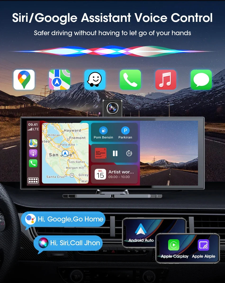 Srnubi Universal 11.26” Car DVR Wireless Carplay Android Auto 4K Front 1080P Rear Camera Dashcam GPS Navi Dashboard 24H Parking