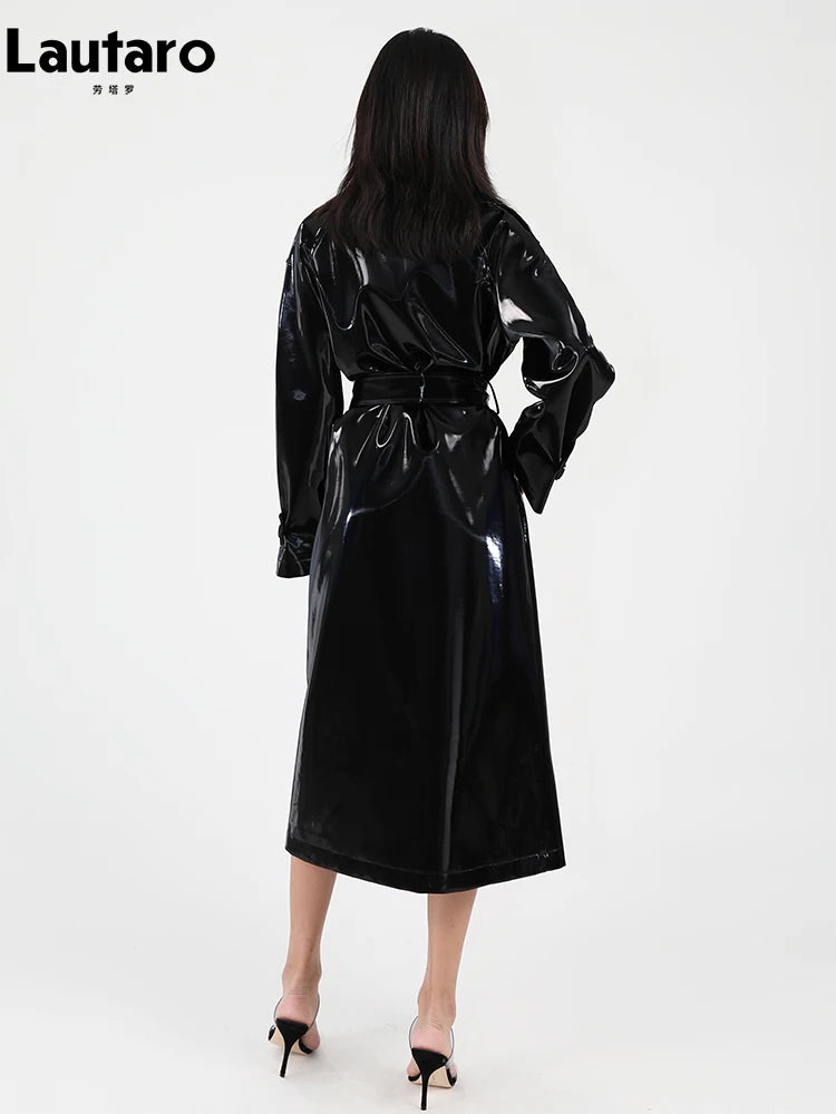 Lautaro Spring Autumn Long Shiny Reflective Patent Leather Trench Coat for Women Sashes Luxury Designer Runway European Fashion