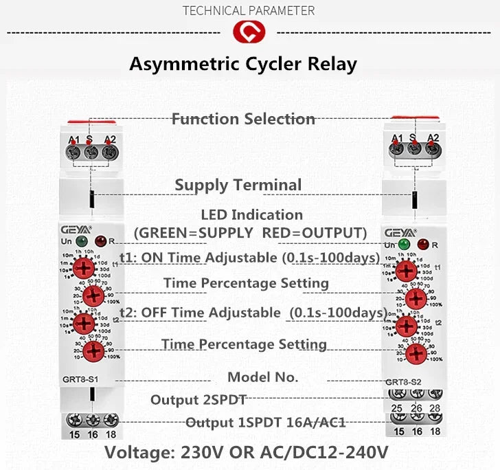 GEYA GRT8-S Asymmetric Cycle Timer Relay SPDT 220V 16A  AC/DC12V-240V Electronic Repeat Relay