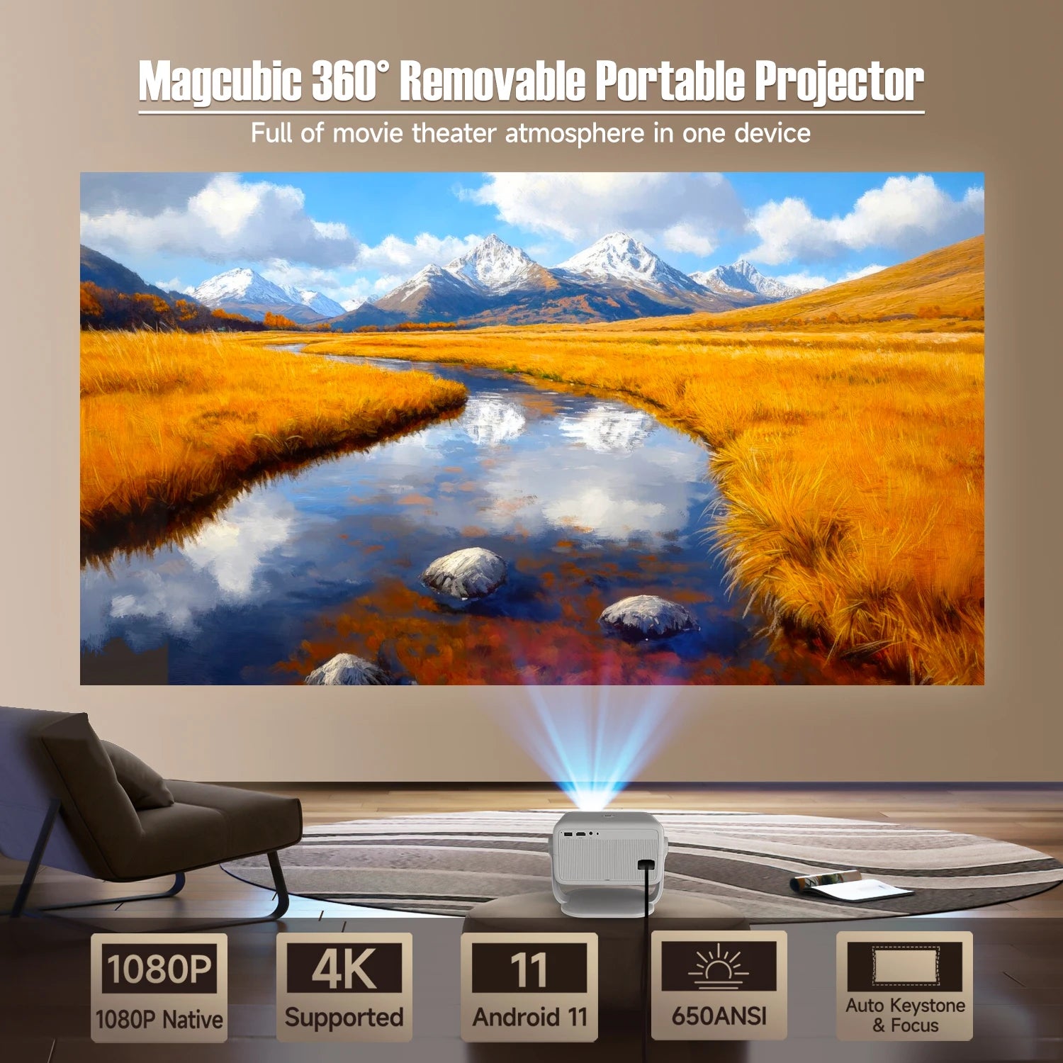 Magcubic 650ANSI L018 4K Native Portable Projector 1080P Auto Focus Keystone Correction Android 11 BT5.2 WIFI6 360° Home Cinema