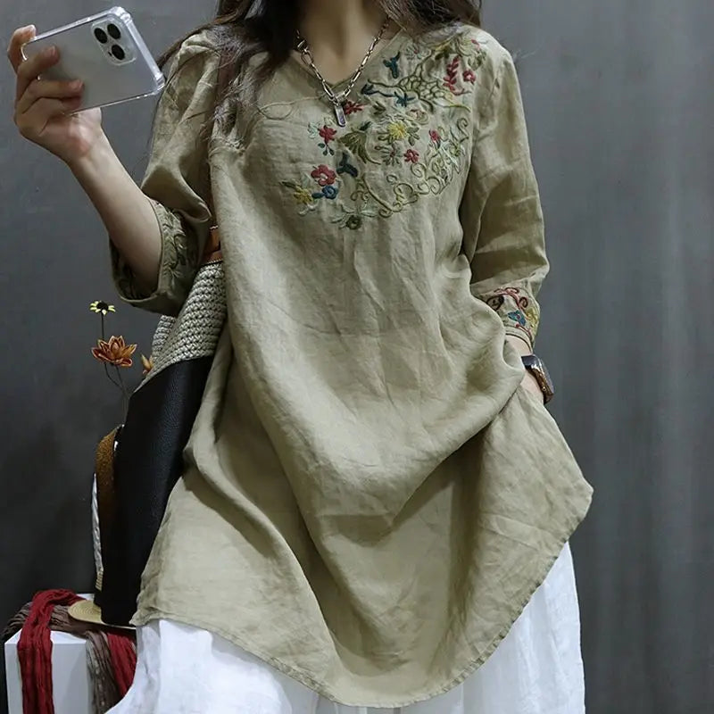 Cotton and Linen Women Clothing 2025 Summer New Print Retro Embroidery Loose Slim and Fashionable Shirt