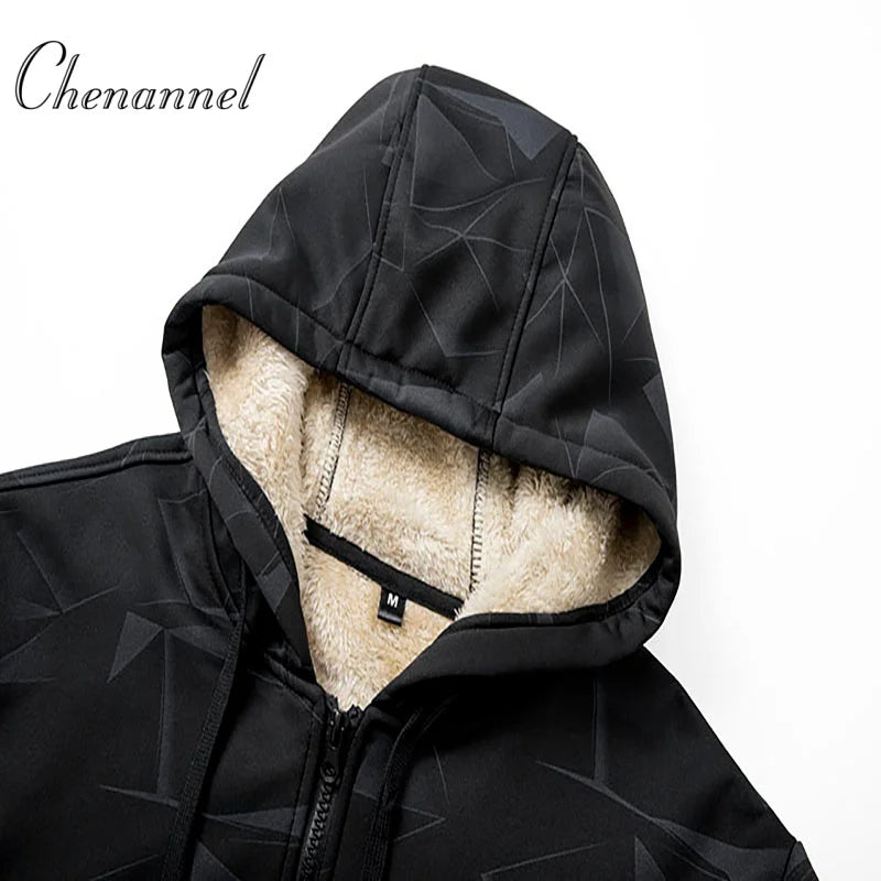 Autumn and Winter New Lamb Fleece Coat Men's Trendy  Print with Thick Fleece Hoodie Jacket Hoodie