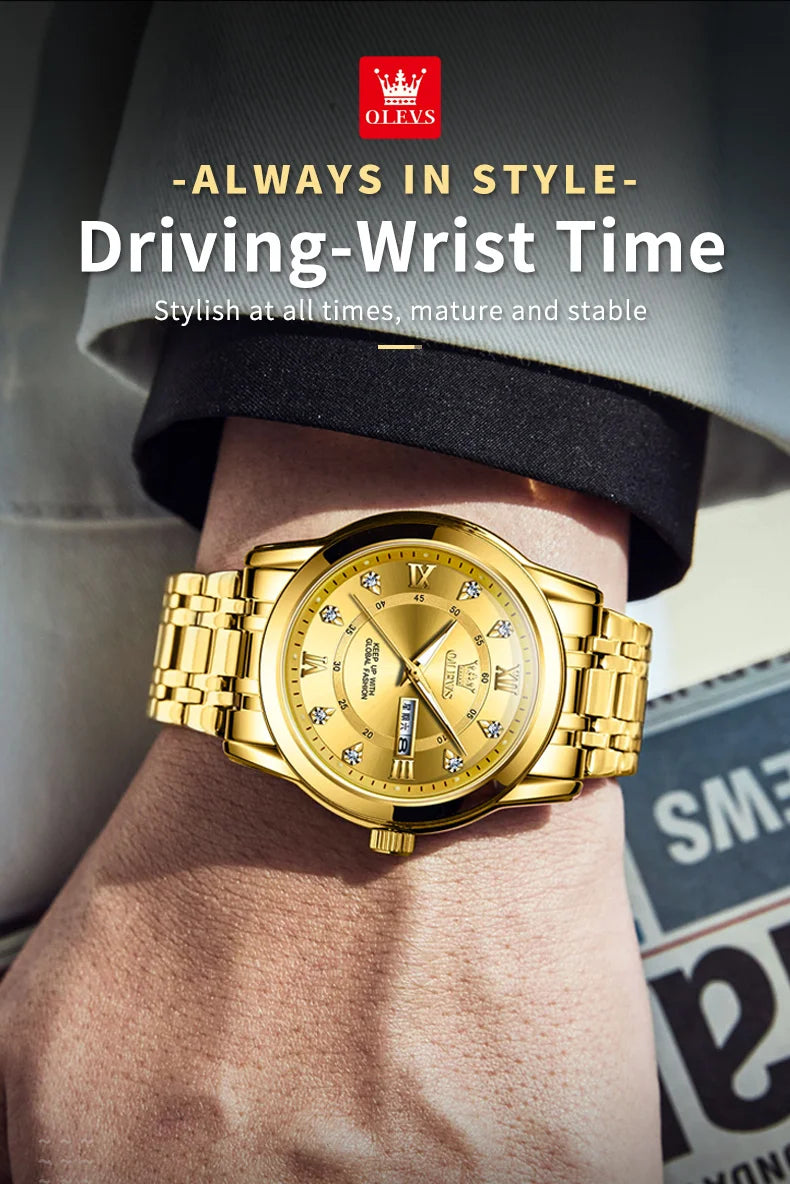 OLEVS Quartz Watch for Men Luxury Diamonds Gold Watch Waterproof Luminous Stainless Steel Business Men's Quartz Watch Mens Watch