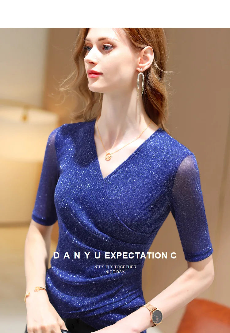 Women's Clothing 2022 Latest Fashion Blouses Elegant Summer T Shirt Free Shiping Elastic Glitter Blouses or Tops for Woman