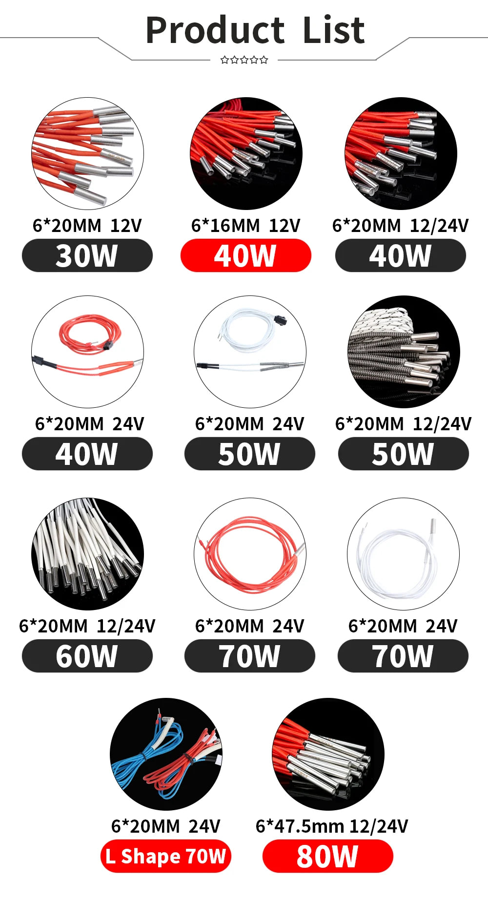 Trianglelab 3D Printer 6*20MM 12V/24V 40W Heater Cartridge With 100CM cable For 3D Printer for PT100 HOTEND Volcano MK8 MK9